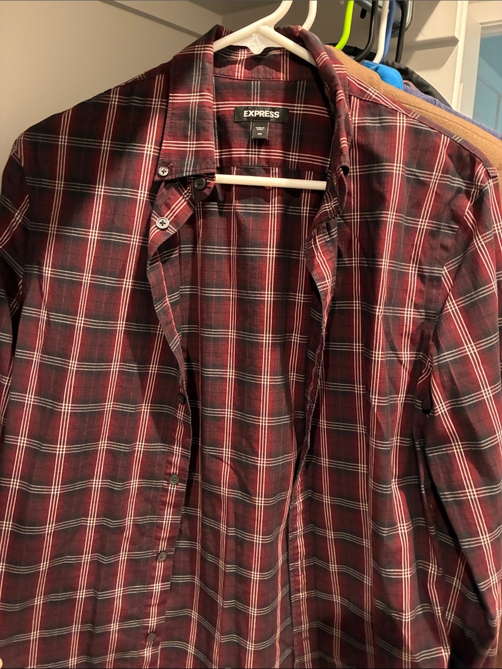Express Men's Burgundy and Black Plaid Button-Up Shirt